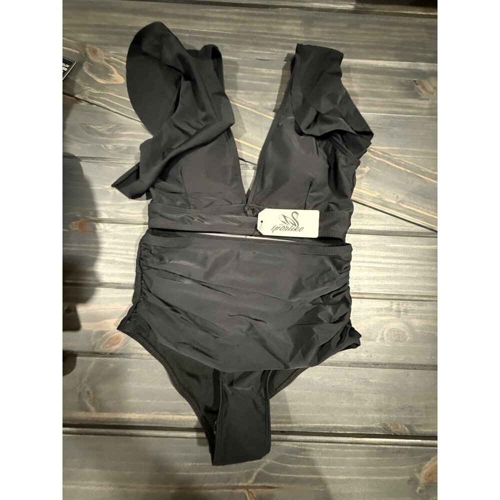 Black Ruffled Two - piece Swimsuit By Sporlike V-Neck Womens Small